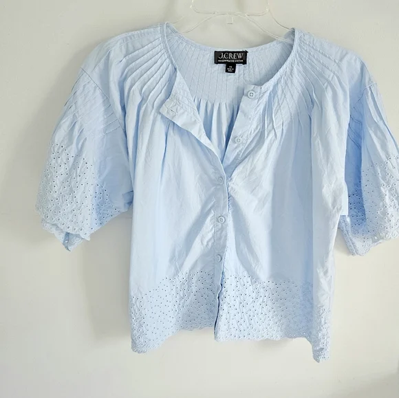 J. Crew Blue Eyelet Top Pleated Detail Full Sleeves - Picture 2 of 5